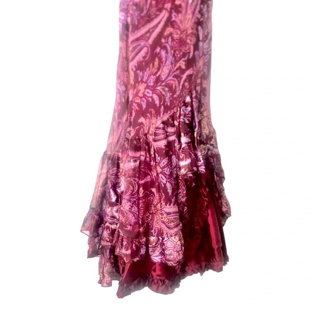 Rare Bellablu Silk Layered Ruffle Paisley Sleeveless Shimmery Maxi Dress